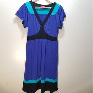 Elle Blue Black Midi Dress with Teal Accents Women's Large L Empire Waist Casual